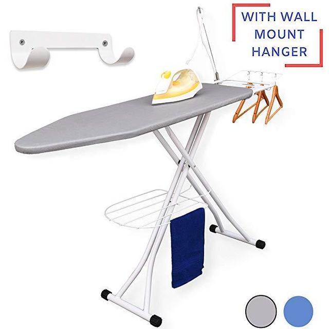 Xabitat Deluxe Ironing Board with Wall Mount Storage, Storage Tray for Finished Clothes, Wire Rack for Hanging Shirts and Pants, Safety Iron Rest, Home Laundry Room or Dorm Use - Grey