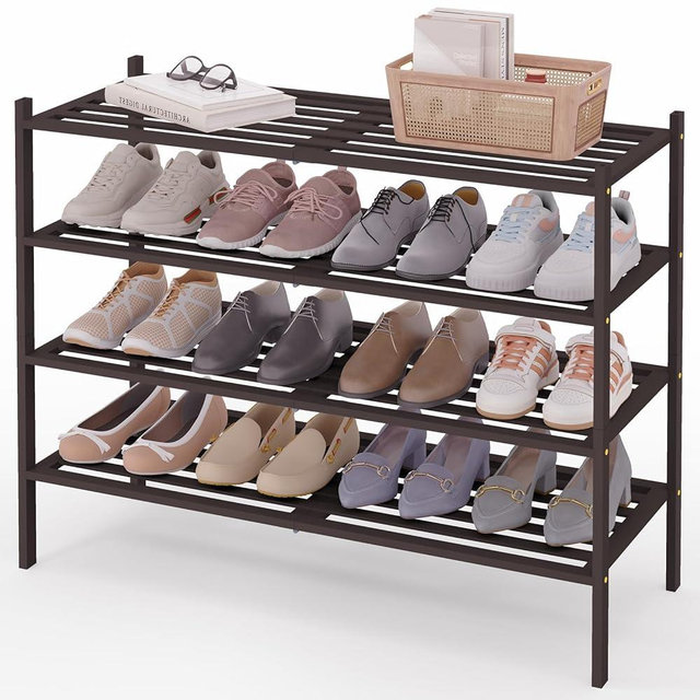 Smiry Long Bamboo Shoe Rack 4-Tier, Stackable Wooden Shoe Organizer for Entryway & Closet, Free Standing Wood Shoe Storage Shelf for Front Door & Small Spaces, Brown