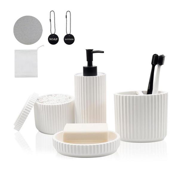 Antrader White Bathroom Accessories Diatomite,Toothbrush Holders,Soap Dish,Soap Dispenser,Cotton Swab Box for Bathrooms,Pack of 4