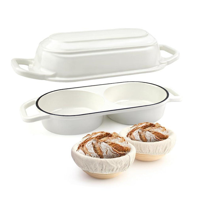 YONILL Mini Double Dutch Oven for Sourdough Bread Baking - Enameled Cast Iron Dutch Oven Pot with Lid and 5" Banneton Bread Proofing Basket Kit, Dual Round Bread Loaf Pan for Homemade Baking (White)