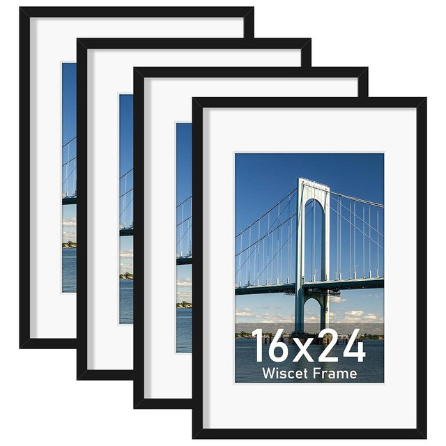 Wiscet 16x24 Picture Frame Set of 4, Display Picture 12x18 with Mat or 16x24 Poster Frame Without Mat, Horizontal or Vertical Wall Mounting, Black