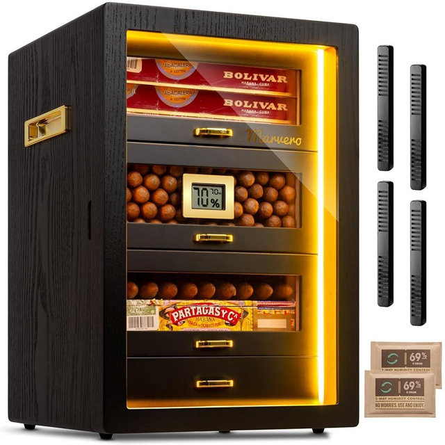 Cigar Humidor, Desktop Cigar Humidor Cabinet Triple-Sided Light with Digital Hygrometer, Humidifier and Humidity Packs. 4 Ceder Wood Drawers, Cigar Humidor Box can hold 200 Cigars,Present for Men