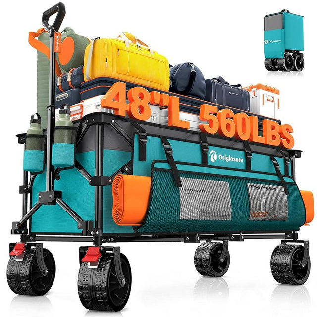 48" L Collapsible Wagon Cart Foldable, 560lbs Weight Capacity 300L Heavy Duty Folding Beach Wagons with Big All-Terrain Wheels, Utility Carts for Groceries, Shopping, Camping, Sports - Grey&Turquoise
