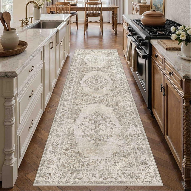 PureCozy 2x8 Runner Rug Beige Washable Hallway Kitchen Bedroom Vintage Distressed Bathroom Non Slip Medallion Floral Carpet Indoor Retro Throw Floor Mat for Office Dining Laundry Living Room