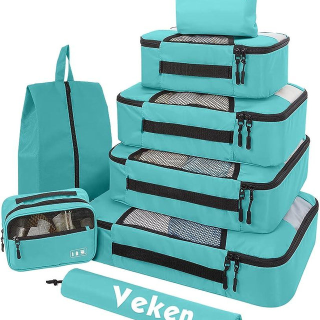 8 Set Packing Cubes for Suitcases, Travel Bag Organizers for Carry on Luggage, Veken Suitcase Organizer Bags Set for Travel Essentials Travel Accessories in 4 Sizes(Extra Large, Large, Medium, Small),Green Blue