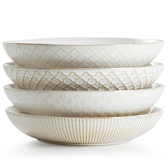 getstar Pasta Bowls, Large Salad Serving Bowls (7.6 inch & 22 oz), Ceramic Bowl Plates Set of 4, Farmhouse Embossments, Microwave and Dishwasher Safe