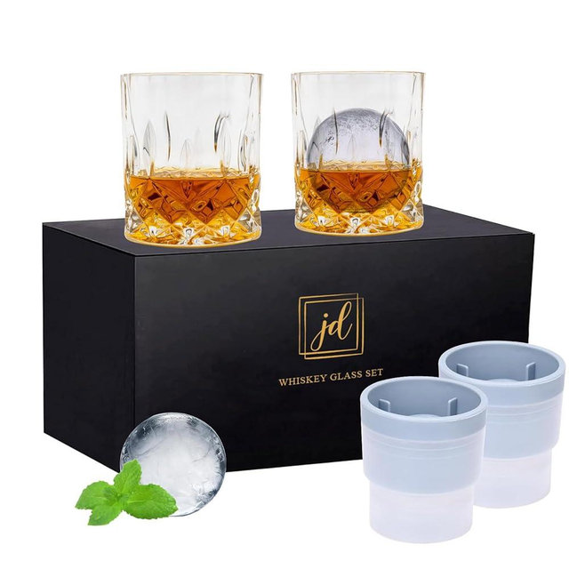 Whiskey Rocks Glass Set In Gift Box - Includes 2 Crystal Bourbon Glasses and 2 Big Ice Ball Molds - 10 Oz Old Fashioned Glasses for Scotch, Cocktails, Rum, Cognac, Vodka - Unique Gift for Men