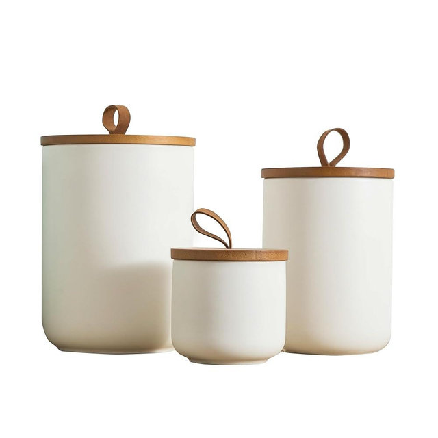 Kendiis Canister Sets for Kitchen, White Ceramic Kitchen Canisters for Countertop with Airtight Wood Lids, Large Flour and Sugar Containers for Coffee, Tea, Spice (Set of 3)