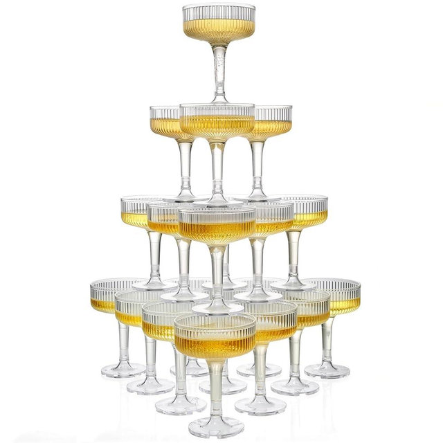 Goodluck 4-Tier Champagne Glasses - 20 PCS 7oz Clear Plastic Champagne Flutes, Plastic Coupe Glasses with Vertical Stripes for Weddings, Celebrations, Parties & Birthdays