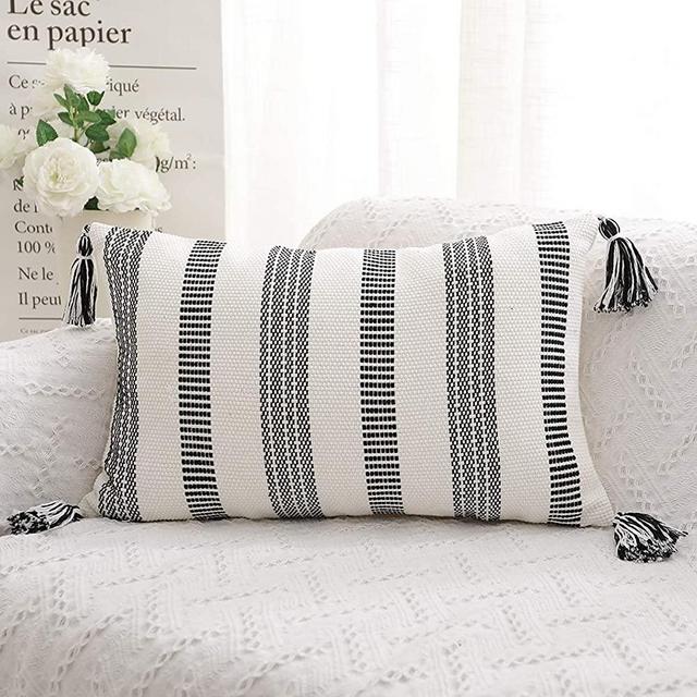 SEEKSEE Black and White Stripes Hand-Woven Rectangular Waist Throw Pillow Covers, Stylish Modern Minimalist Design for Sofa, Bedroom, Living Room(Lumbar 12 x 20 Inches,1PC)