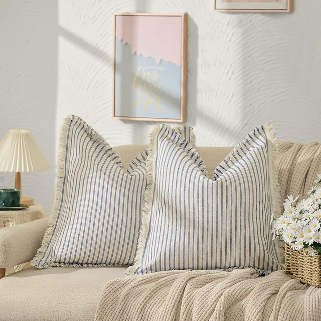 ZWJD Throw Pillow Covers 20x20 Set of 2 Striped Pillow Covers with Fringe Chic Cotton Decorative Pillows Square Cushion Covers for Sofa Couch Bed Living Room Farmhouse Decor