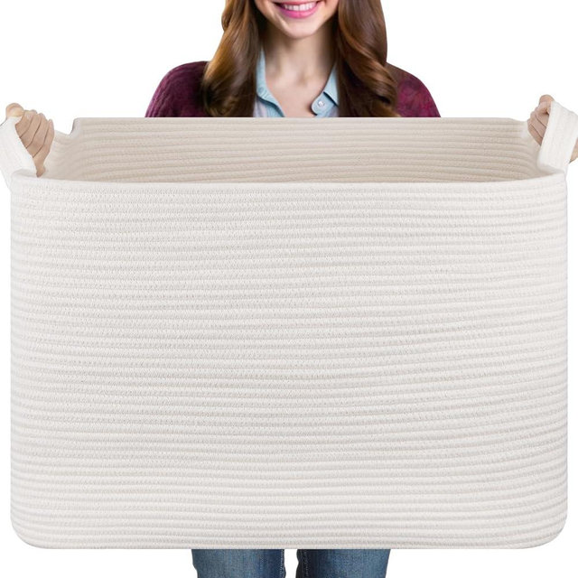 OIASKET 108L Extra Large Blanket Basket, 24.8" x 16.2" x 16.2" Rectangle Woven Storage Baskets for Living Room, Nursery, Bedroom, Toy Basket with Handle (White)