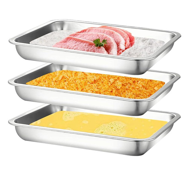 JMUSTTBO 3Pcs Stainless Steel Breading Trays Set, Breading Dishes for Chicken Breasts, Marinating Meat and Prepping Meals (10.4" x 7.7" x 1.9")