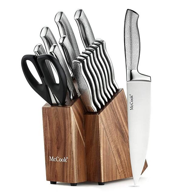 McCook MC20 Knife Sets,17 Pieces Full Tang Hammered Stainless Steel Kitchen Knife Set with Acacia Block