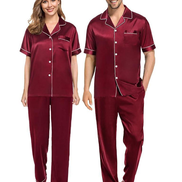 SWOMOG Couples Pajamas Sets Women & Men Satin Short Sleeve Sleepwear Button Down Loungewear Pjs Set with Long Pants