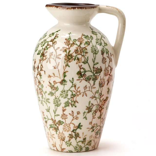 Green and Beige Antique Vase, 8.9 Inch Vintage Chinoiserie Floral Vase, Rustic Ceramic Vase for Home Decor, Living Room, Bookshelf, Office, Entryway, Garden, Chinoiserie Decor, Tuscan Decor