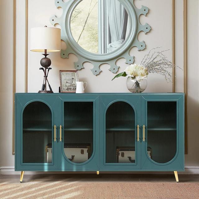 VZADGWA Buffet Sideboard Cabinets with Glass Doors, Accent Freestanding Storage Cabinet, Large Kitchen Console Table for Dining Living Room, Entryway, Antique Blue