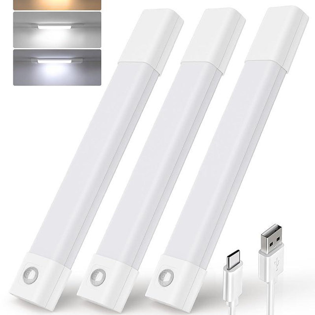 EZVALO 3 Pack 7” Motion Sensor Light Indoor, Wireless Under Cabinet Lighting, 30 LED Rechargeable Closet Lights, Dimmable, 3 Color Temperatures, Counter Lights for Wardrobe, Pantry, Bedroom, Kitchen