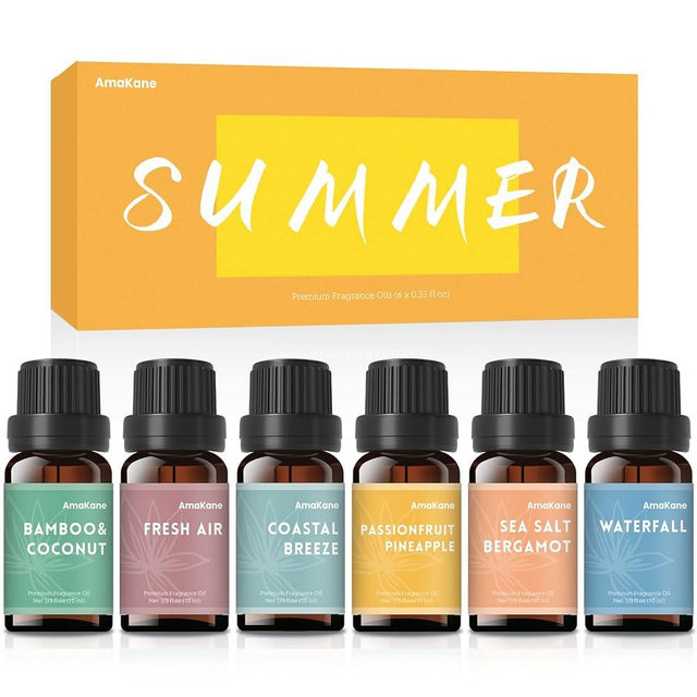 AmaKane Summer Essential Oils, Fragrance Oil for Soap Making, Candle Making Scents, Passionfruit Pineapple, Coastal Breeze and More, Diffuser Oils Scents for Home, Aromatherapy Oils 6x10 ml