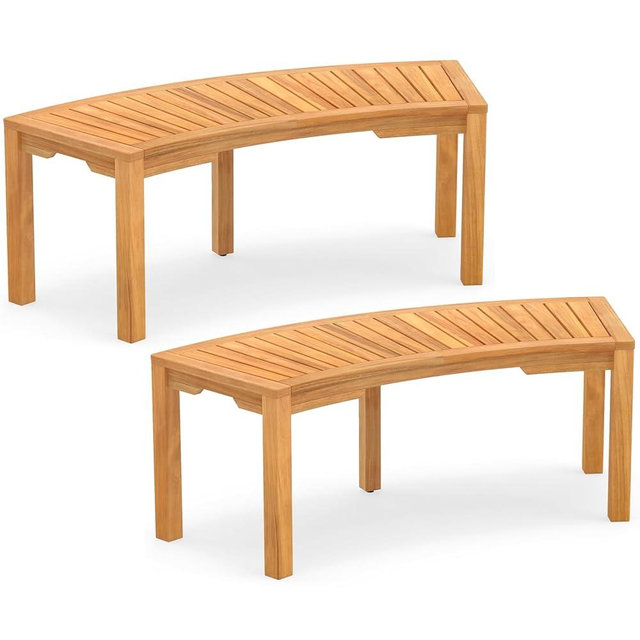 HAPPYGRILL Outdoor Curved Bench, Acacia Wood Backless Fire Pit Bench with Slatted Seat, Wrap Around Tree Loveseat, Rustic Wooden 2-Person Seating for Porch, Backyard, Patio, Deck (2)