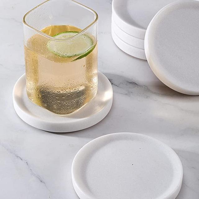 CHISELED ST DF SK White Marble Coasters Raised Edges- Designer Drink Coasters - Large Coasters for Coffee Table, Kitchen, Bar, Dinning - Generous 4" Wide Set of (6)