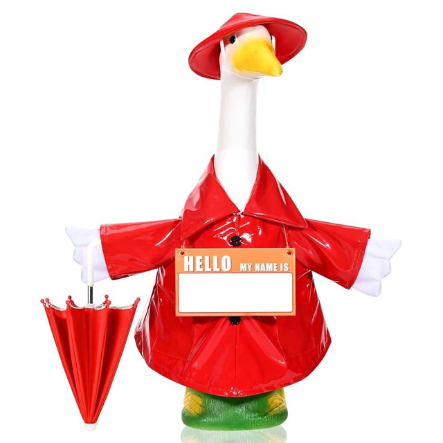 GANSHAYA Raincoat Porch Goose Outfits with Personalized Name Sign, Umbrella & Hat for 23" Goose Statue Lawn Garden Goose Clothes Decor (Red)