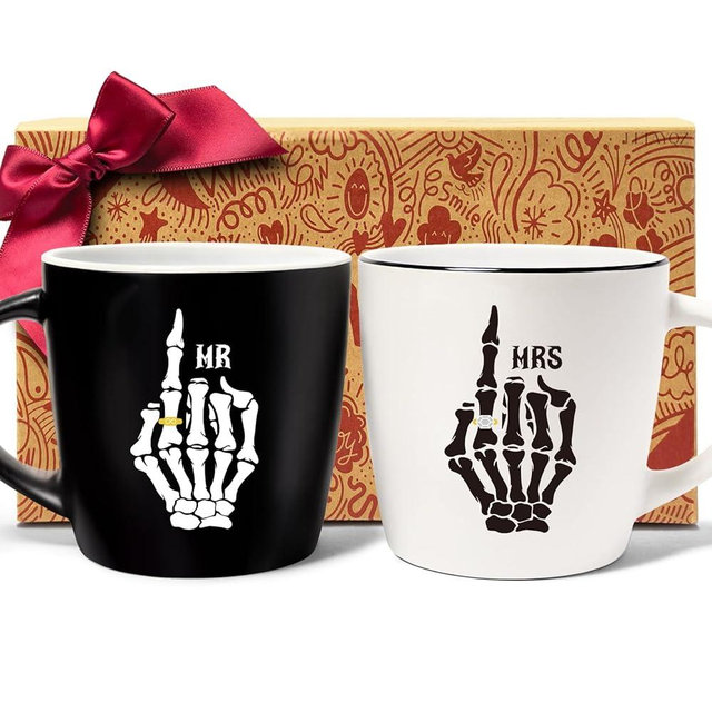 Mr and Mrs Skeleton Hand Coffee Mugs Set of 2 for couples, Skull Weddings Engagement Mug Gifts for mr and mrs, Couples, wedding Registry mugs gifts for Her Him, Newlyweds, Bride & Groom mug-34
