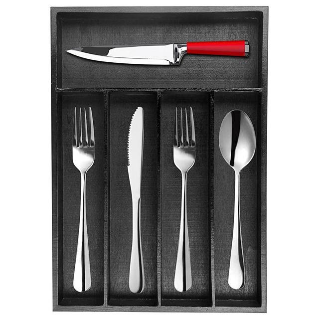 Ayiaren Best Wooden Cutlery Tray Kitchen Utensil Drawer Organizer Dividers Wood Silverware Drawer Organizer Black Bamboo Cutlery Drawer Insert Spoon Flatware Organizer Utensil Silverware Tray