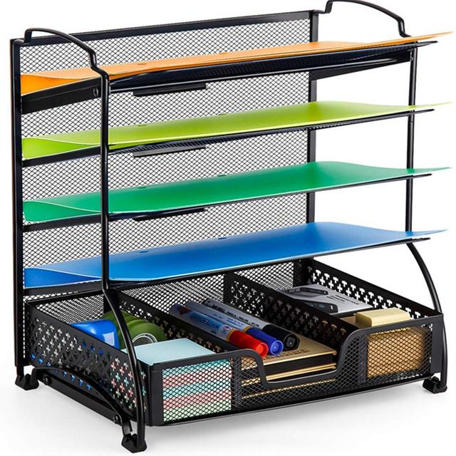 Bextsware 5-Tier Mesh Desktop Organizer File Folder with Sorters Basket, Document Letter Tray Holder Desk Accessories Organization Supplies for Office or Home, Black
