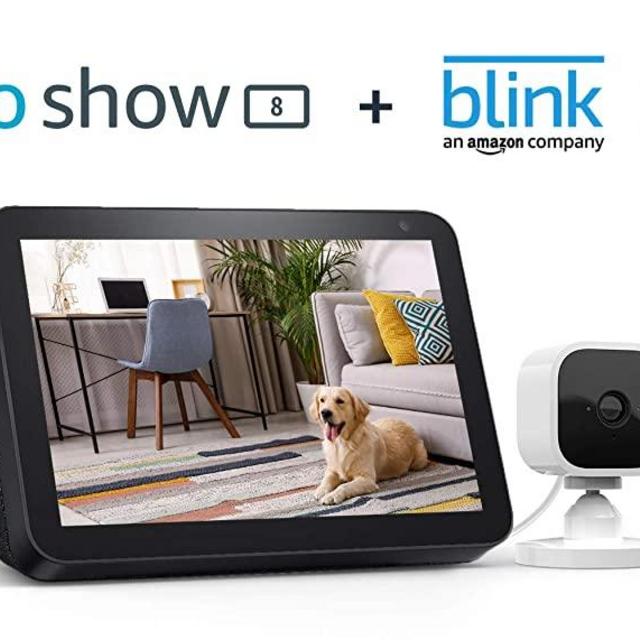 Echo Show 8 Charcoal with Blink Mini Indoor Smart Security Camera, 1080 HD with Motion Detection