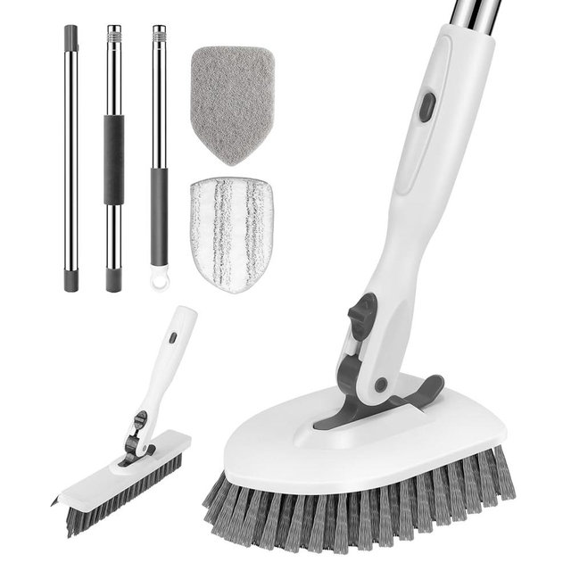 SetSail 4-in-1 Tile Tub Floor Scrubber with 52-inch Long Adjustable Handle Shower Cleaner Brush with V-Shaped Grout Brush and 3 Replacement Brush Heads for Bathroom Kitchen Walls Tub Tile, White Grey