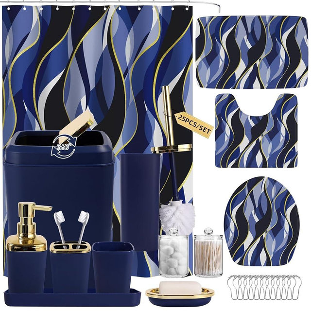 XLHOMO Bathroom Set - Blue and Gold Bathroom Accessories, Bathroom Sets with Shower Curtain and Rugs, Navy Blue Shower Curtain Set with Bathroom Trash Can, Soap Dispenser, Soap Dish for Home Decor