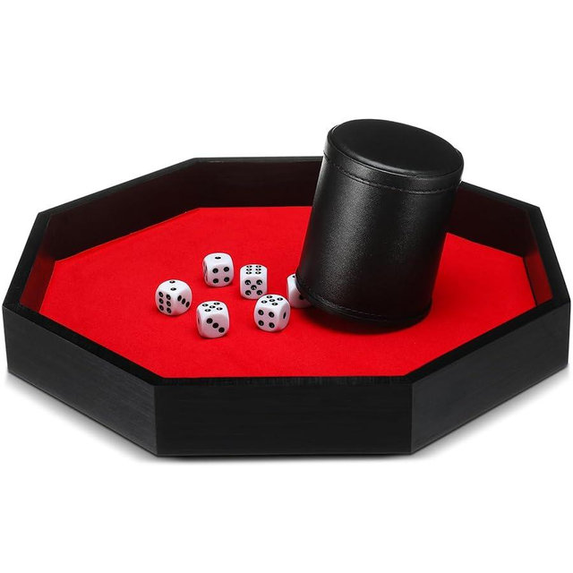 MiniInflat Octagon Tray Dice Cup Set Include Wooden Dice Tray Felt Lined PU Leather Dices Cup with 6 Dot Dices for Table Games(Black)