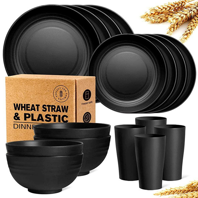 Teivio 16-Piece Kitchen Plastic Wheat Straw Dinnerware Set, Service for 4, Dinner Plates, Dessert Plate, Cereal Bowls, Cups, Unbreakable Plastic Outdoor Camping Dishes, Black Matte