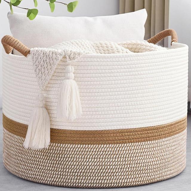 Degeyoyo Large Blanket Basket, 20"x13" Woven Storage Baskets With Handle, Cotton Rope Blanket Basket Living Room, Baby Laundry hamper for Blanket, Nursery, Toy, Pillow (White & Brown)
