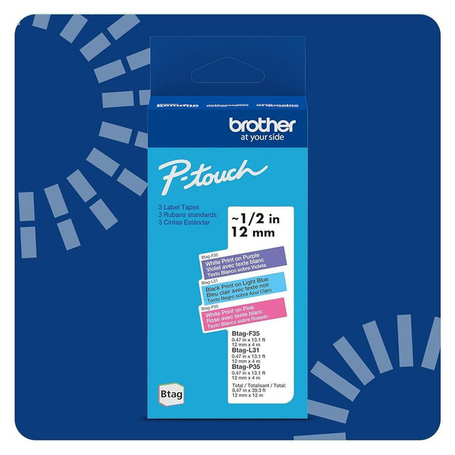 Brother Genuine P-Touch Btag Label Tape, BTAG3M02, 0.47 in by 13.1 ft, White on Purple, Black on Light Blue, White on Pink, 3-Pack. (Works Only with Brother PT-N10, PT-N20, PT-N25BT Label Makers)