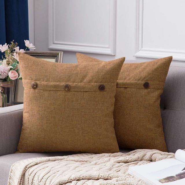 MIULEE Set of 2 Decorative Linen Throw Pillow Covers Cushion Case Triple Button Vintage Farmhouse Pillowcase for Couch Sofa Bed 22 x 22 Inch Brown