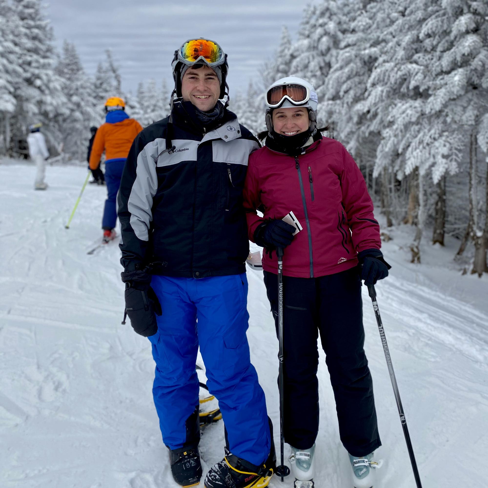 Sophia and Ryan agree to disagree on whether skiing or snowboarding is better. Mt. Snow, VT 2020.