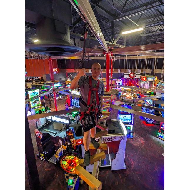 Pinstack Austin with Aiden | The ropes course above the arcade