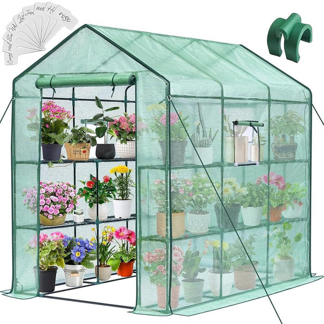 Greengro Greenhouse, 56 x 85 x 75'' Greenhouses for Outdoors, Portable Greenhouse Kit with Mesh Side Windows, PE Cover, 8 Shelves, Heavy Duty Walk in Green House for Backyard Garden Indoor Outside