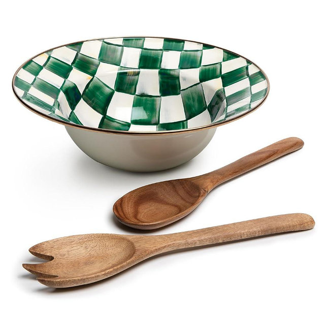 MACKENZIE-CHILDS Enamel Salad Serving Set, Enamel Bowl and Wooden Salad Servers, Decorative Kitchen Set, Green-and-White Emerald Check