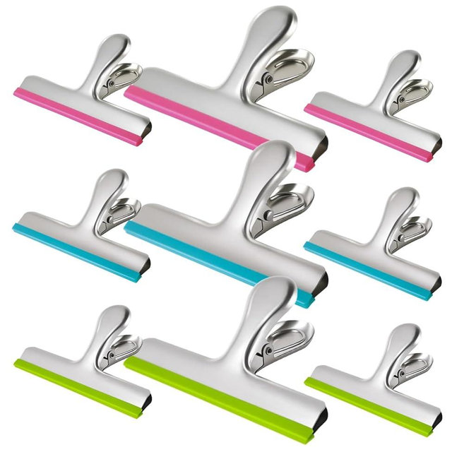 HOUSE AGAIN 9 Pack Stainless Steel Chip Bag Clips Covered with Silicone - NO More Sharp Edges - Color Coded for Upgrade Wide Open Food Bags, Heavy Duty for Kitchen and Office, (3 x L, 6 x S)