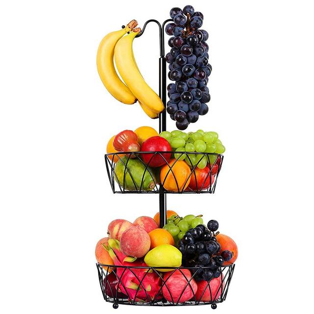 Countertop Fruit Basket Bowl Storage: 2-Tier Detachable Metal Wire Fruit Bowl with Banana Hanger Vegetable Holder | Snack Bread Baskets Kitchen Counters Organizer Rack