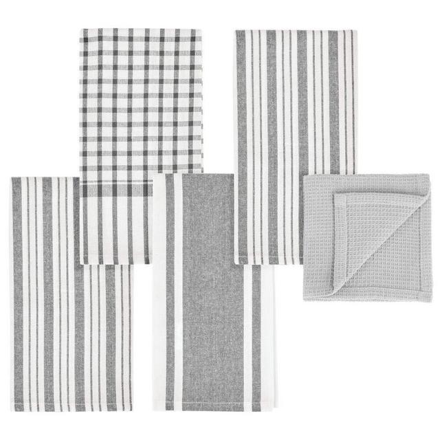 mDesign Kitchen Towel Set, 100% Cotton, Waffle Texture and Striped Pattern, Store in Drawers, Cabinets or Hang on Racks, Set of 5 - Gray