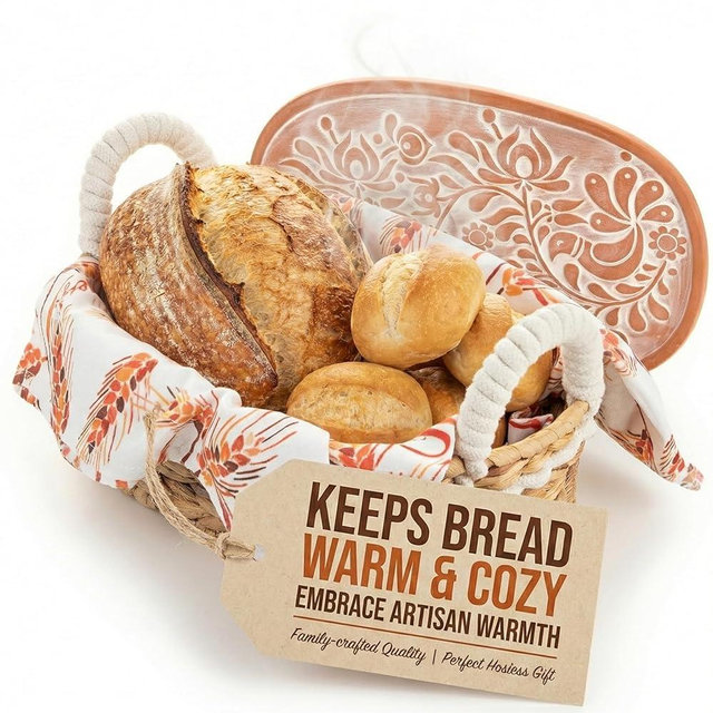 Vivi's Bread Warmer Basket with Stone | and Cotton Towel | for Sourdough Bakers | Premium Quality Water Hyacinth Bread Baskets for Serving | Artisan Terracotta Bun Warmer | Hosting Gifts