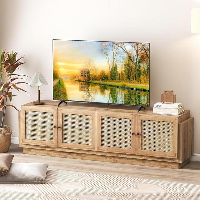 Giantex Farmhouse TV Stand for TVs up to 75", 4-Door PE Rattan Entertainment Center w/ 2 Cabinets, Adjustable Shelves, 8 Cable Holes, Mid Century Modern Media Console Table for Living Room, TV Cabinet