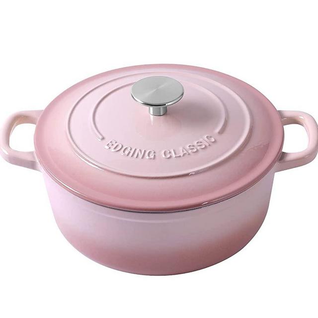 EDGING CASTING Enameled Cast Iron Covered Dutch Oven with Dual Handle (5.5QT, Pink)