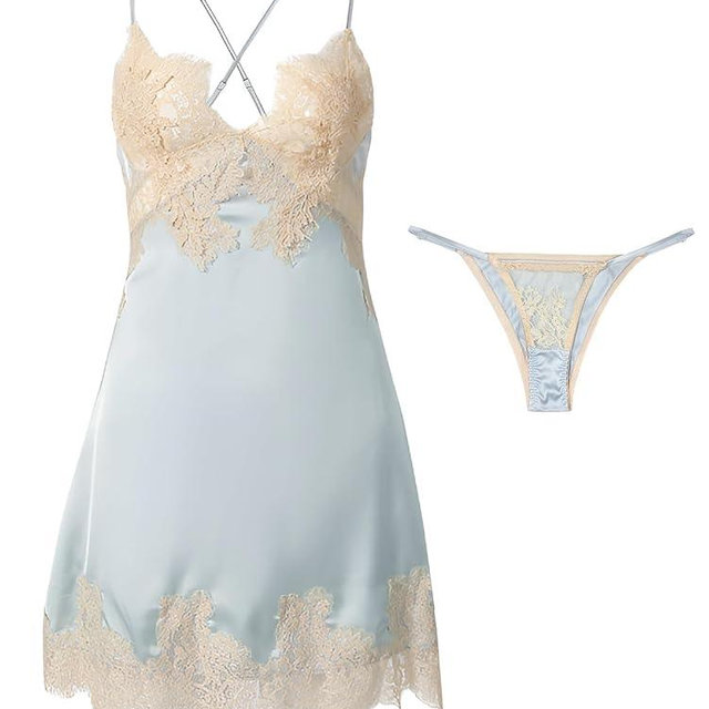Lilosy Sexy Silk Lace Up Backless Satin Applique Floral Lace Babydoll Lingerie Dress with Tong 2 Piece