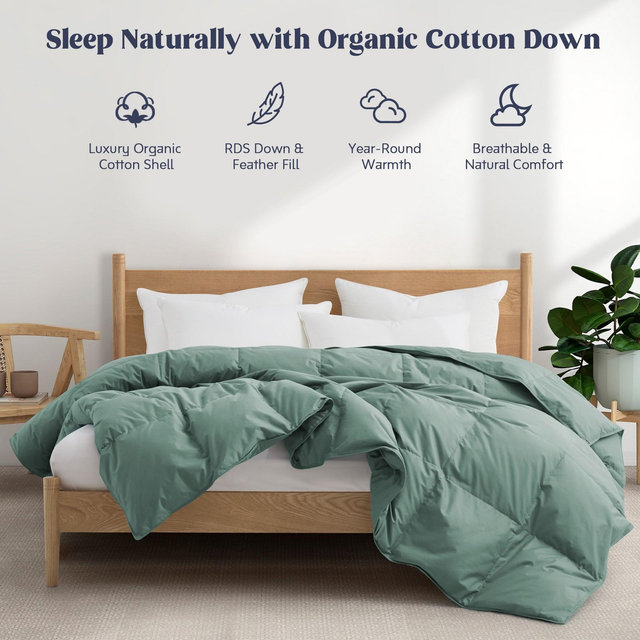 Puredown All Season 100% Organic Cotton Down Duvet Insert Medium Warmth Comforter, Green, King