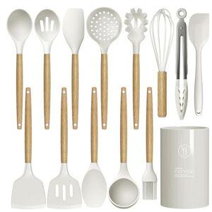oannao Silicone Cooking Utensils Set - 446°F Heat Resistant Silicone Kitchen Utensils for Cooking,Kitchen Utensil Spatula Set w Wooden Handles and Holder for Non-Stick Cookware (Cream White)